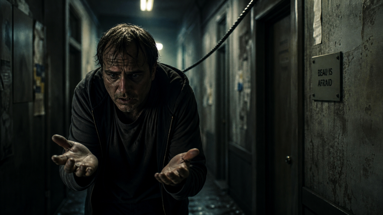 Beau is afraid explication : Beau dans un couloir, mains ouvertes, clés absentes
