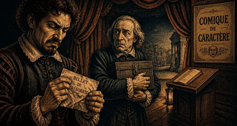 Comique de caractere : un valet froisse un billet pendant qu’un homme serre sa cassette au théâtre