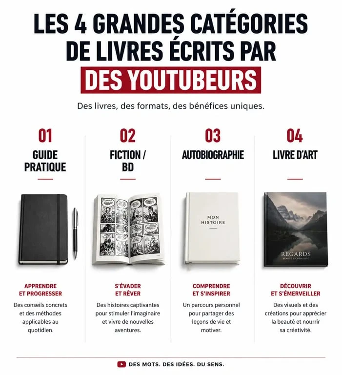 Infographie des différentes catégories de livres de youtubeurs : guides pratiques, romans, autobiographies et livres d'art.
