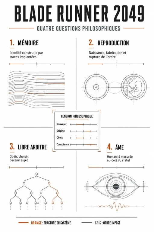 Infographie explicative des thématiques philosophiques et de l'intrigue de Blade Runner 2049