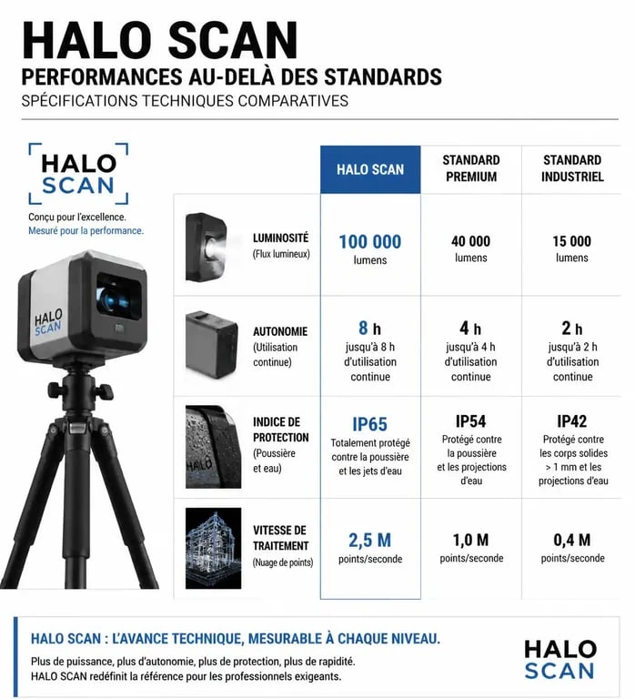 Tableau comparatif des performances techniques du système Halo Scan pour la photogrammétrie et l'analyse d'images