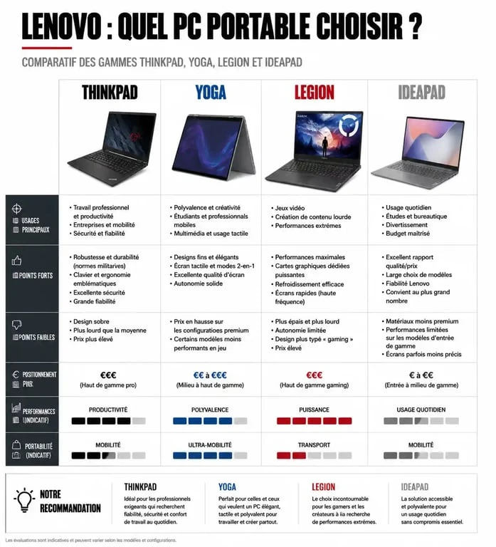 Tableau comparatif des gammes de PC portables Lenovo pour choisir le meilleur modèle selon votre usage et obtenir un avis éclairé