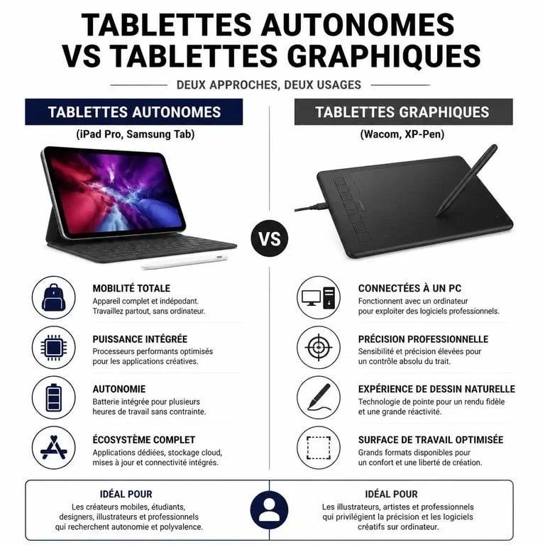 Infographie comparative des meilleures tablettes pour dessiner : autonomes vs graphiques