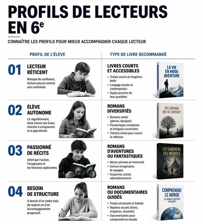 Infographie des recommandations de livres pour la classe de 6ème selon le profil de l'élève