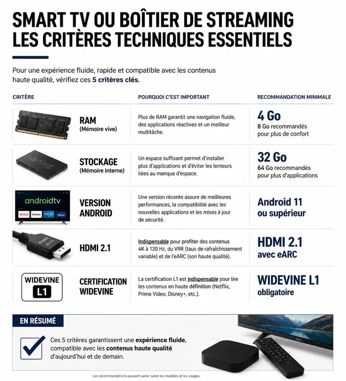 Infographie des critères techniques pour choisir sa Smart TV ou son boîtier de streaming