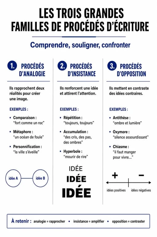 Infographie récapitulative des procédés d'écriture et figures de style pour l'analyse littéraire