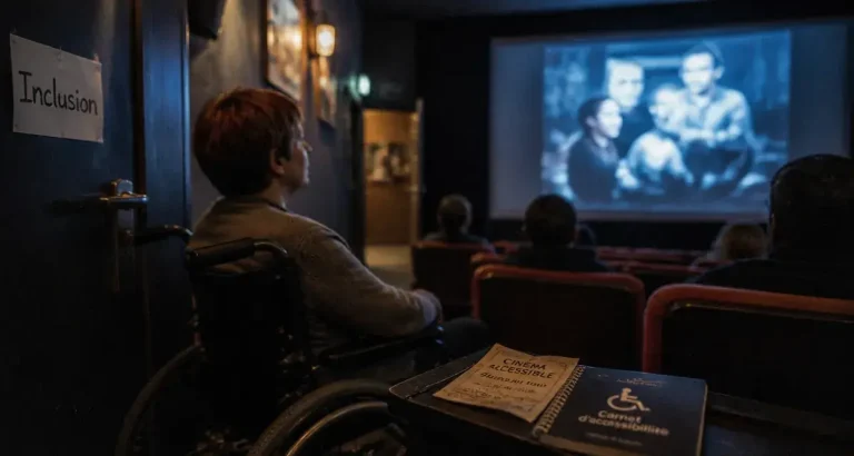 Film handicap : personne en fauteuil roulant au cinéma, inclusion