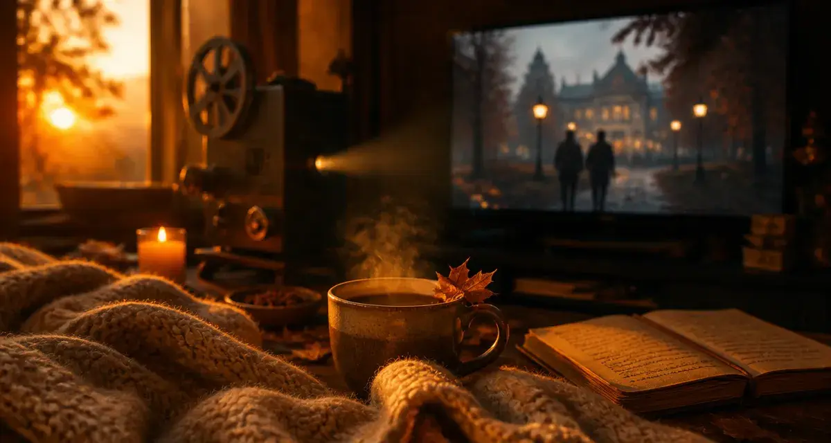 Films d’automne : plaid et tasse fumante, télé cinéma floue