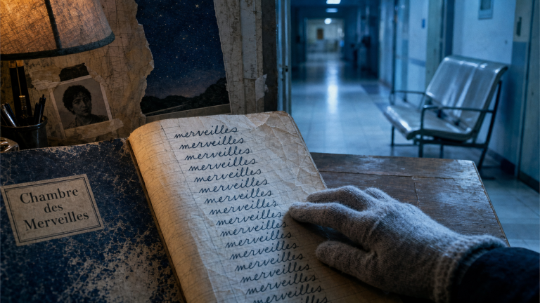 La chambre des merveilles fin : carnet et main devant un couloir d’hôpital, Louis et Thelma