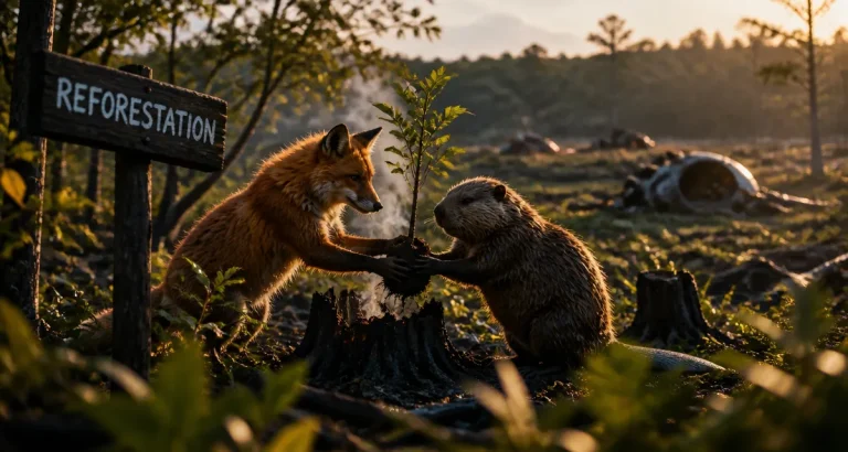 le robot sauvage scene post generique : reforestation de l’île, animaux plantant une pousse