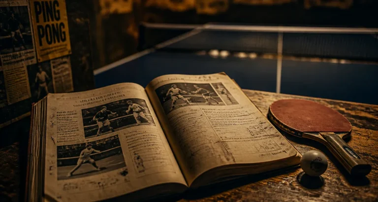 Livre sur le ping pong ouvert avec raquette et balle sur une table de tennis de table