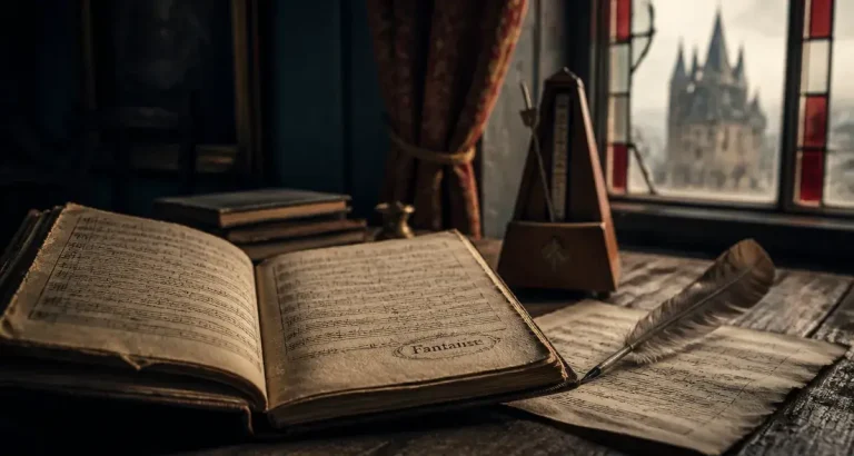 Poeme fantaisie : carnet et partition manuscrite, ambiance mélancolique