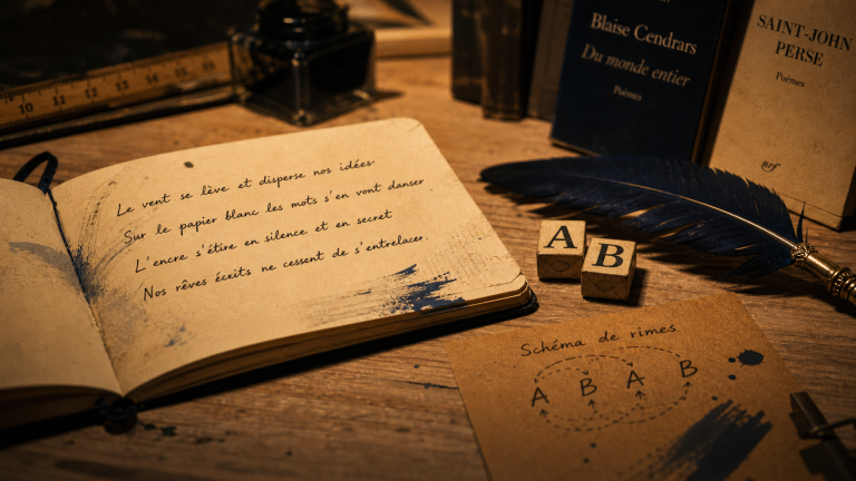 Quatrains exemple, schéma de rimes ABAB sur carnet
