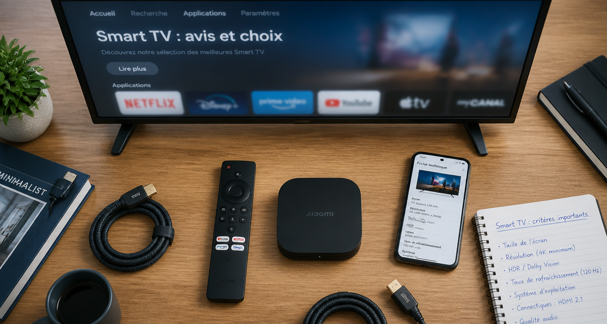Smart TV avis, boîtier externe et télécommande sur table