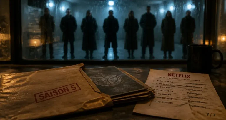 Umbrella Academy saison 5, dossier “SAISON 5” et silhouettes près d’un couloir Netflix