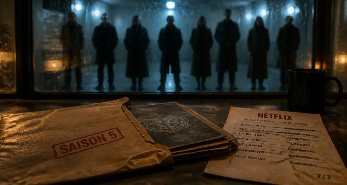 Umbrella Academy saison 5, dossier “SAISON 5” et silhouettes près d’un couloir Netflix
