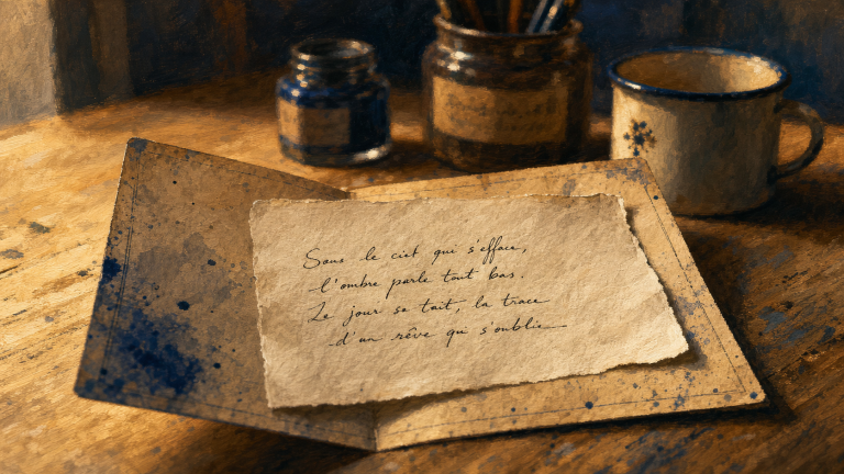 Courte poésie : poème manuscrit sur table en atelier