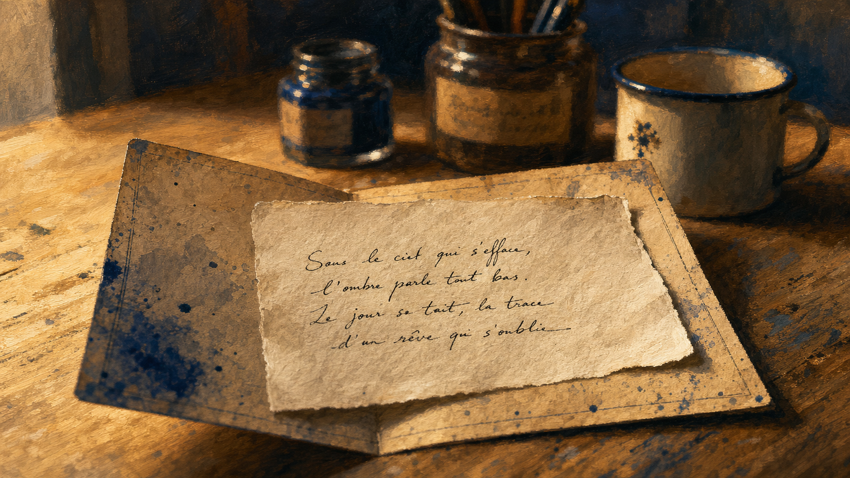 Courte poésie : poème manuscrit sur table en atelier