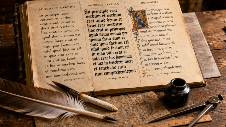 Écriture au moyen age : manuscrit médiéval, plume et encre sur table
