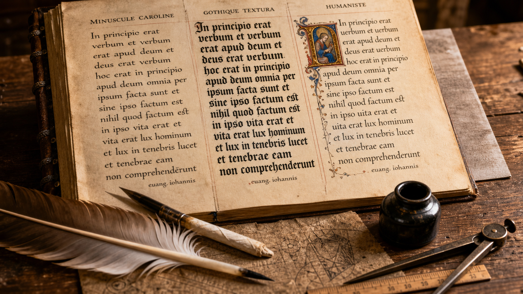 Écriture au moyen age : manuscrit médiéval, plume et encre sur table