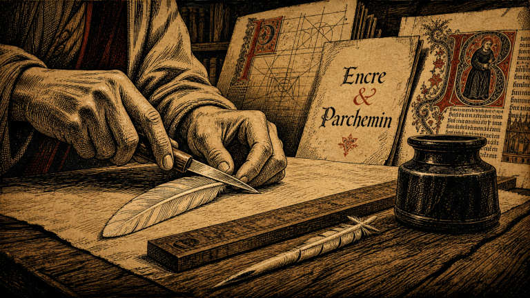 Écriture au moyen age : main de scribe sur parchemin en scriptorium