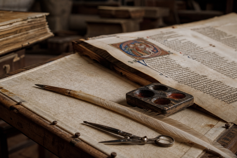 Écriture au moyen age dans un scriptorium, plume, encre et parchemin