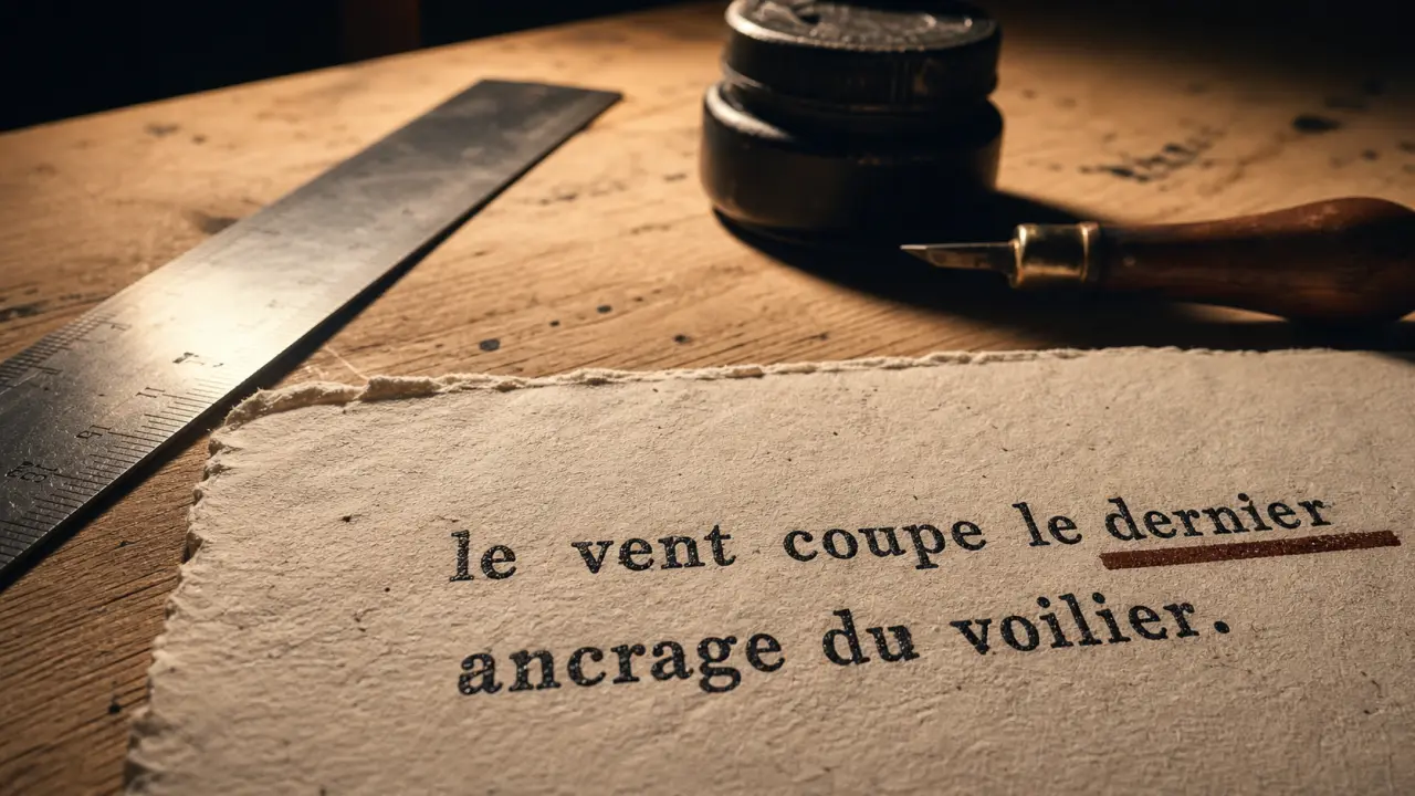 Enjambement en poésie, rejet et contre-rejet sur une feuille, style linogravure