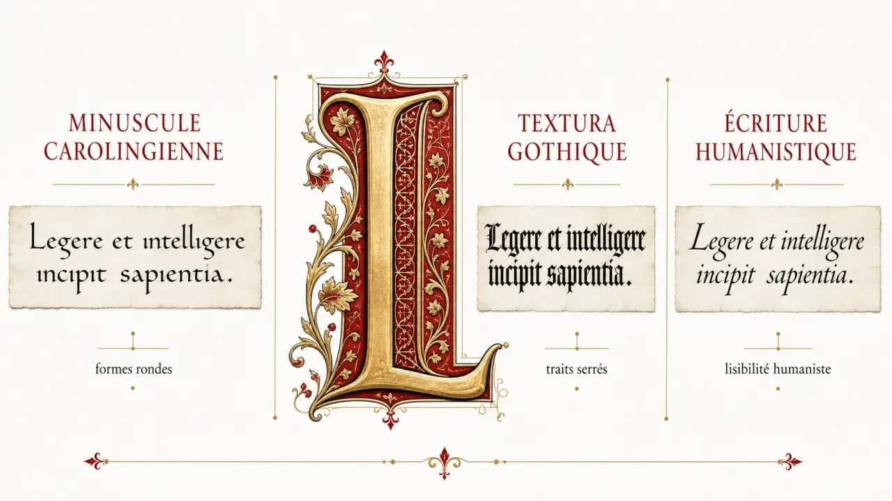Comparaison des styles d'écriture au Moyen Âge : caroline, gothique et humanistique