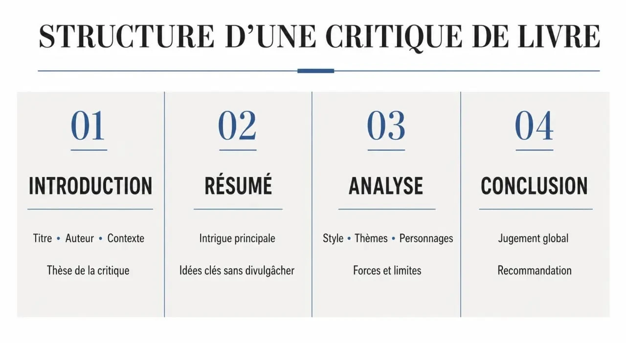 Schéma de la structure d'une critique littéraire : introduction, résumé, analyse et conclusion.