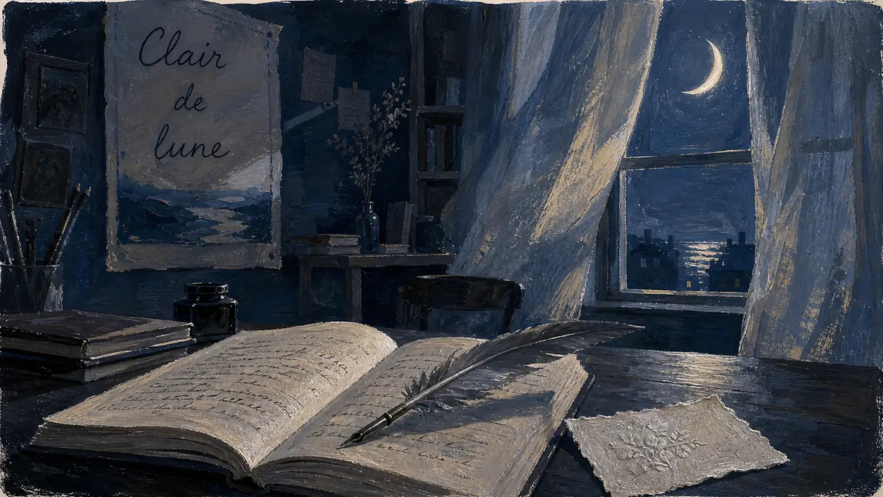 Lune poésie : chambre d’écrivain au clair de lune, carnet ouvert