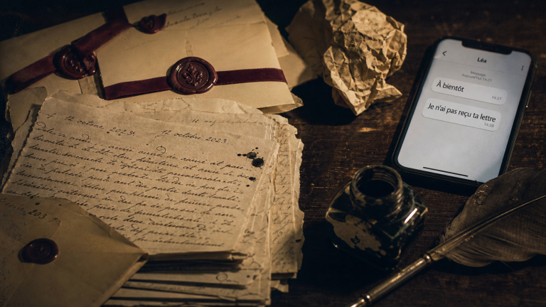 Romans epistolaires : lettres datées et messages privés, plume et encrier sur table