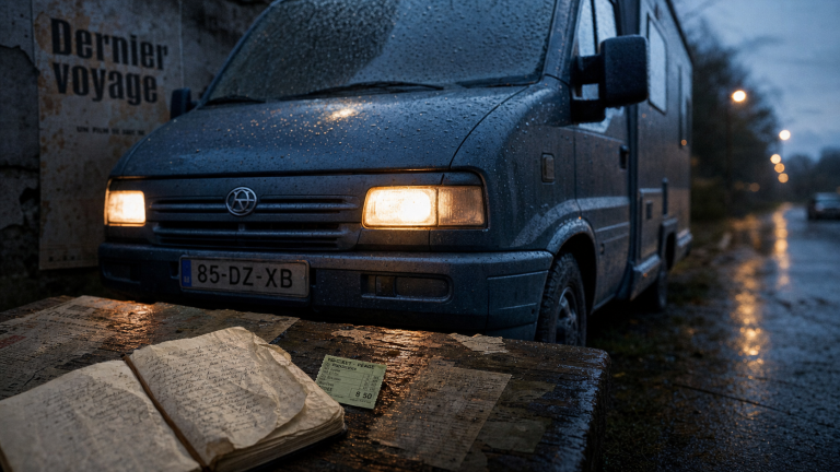 Tout le bleu du ciel fin : scène de route, ticket de péage et carnet près d’un camping-car gris-bleu