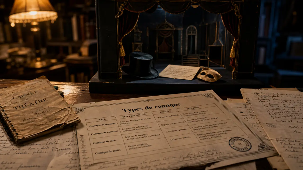 Types de comique : scène de théâtre miniature, carnet et feuilles annotées