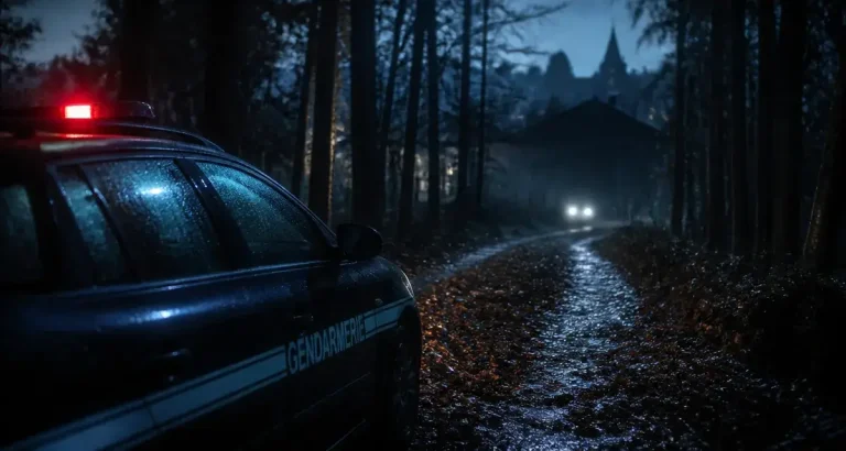 Avis sur la forêt série télévisée : voiture de gendarmerie en Ardennes sous la brume nocturne