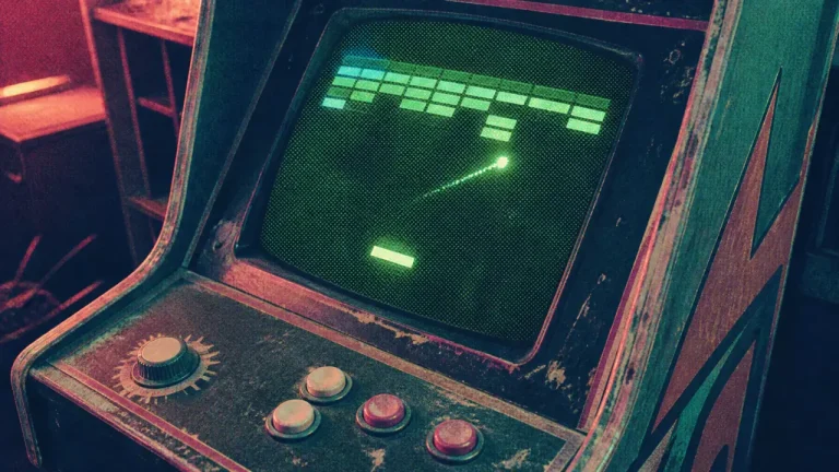 Breakout jeu vidéo 1976 sur borne arcade Atari, écran vert, paddle et blocs