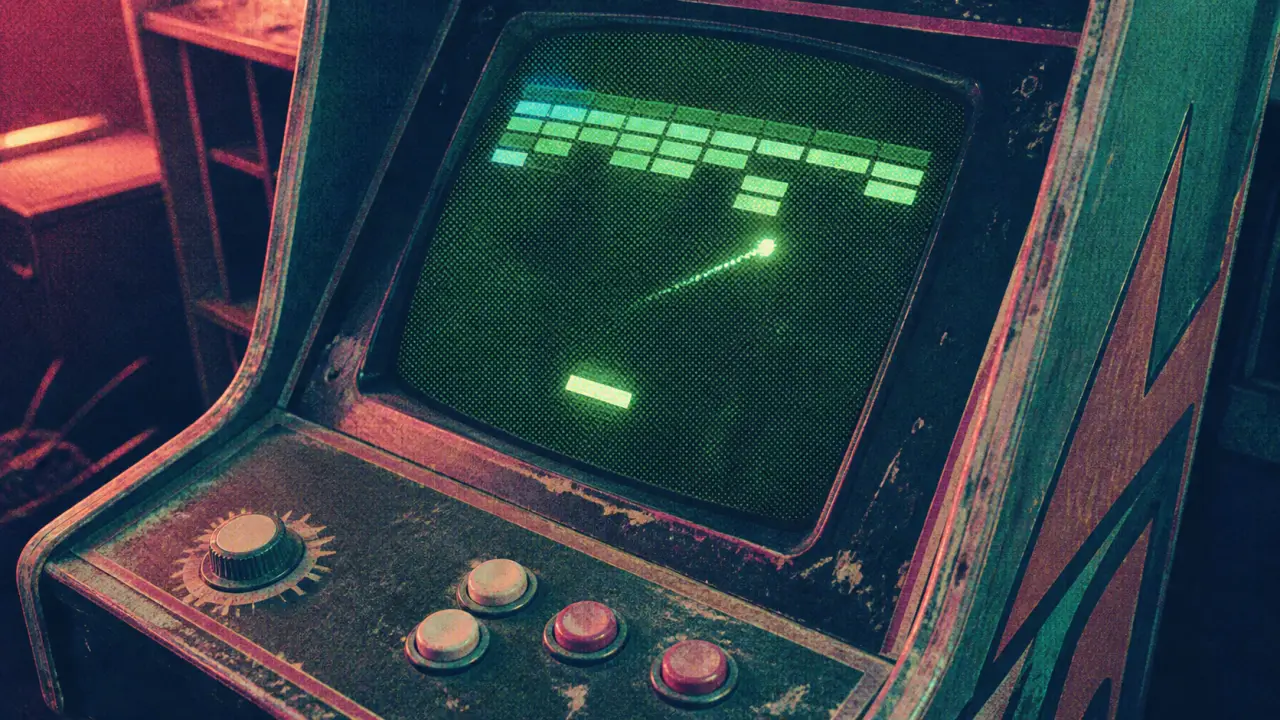 Breakout jeu vidéo 1976 sur borne arcade Atari, écran vert, paddle et blocs