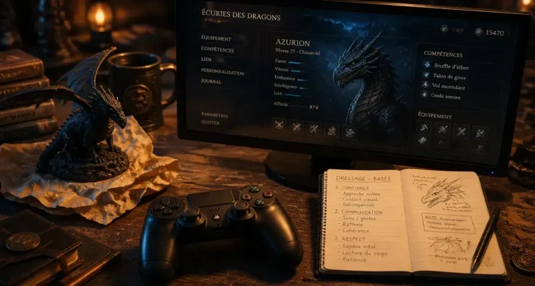Dragons jeu vidéo : manette et figurine sur bureau, écran de jeu de dragons