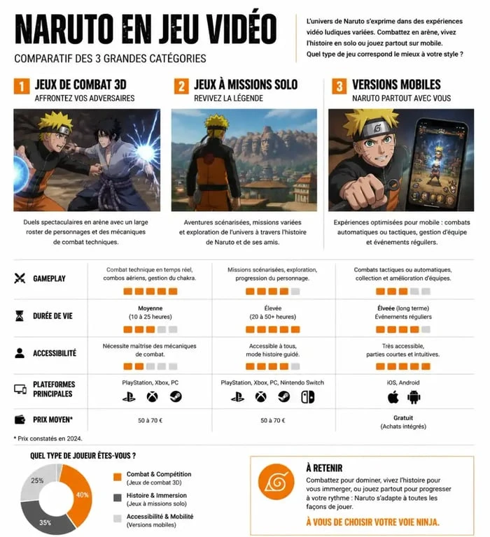 Infographie comparative des différents types de jeux vidéo Naruto : combat, missions et mobile