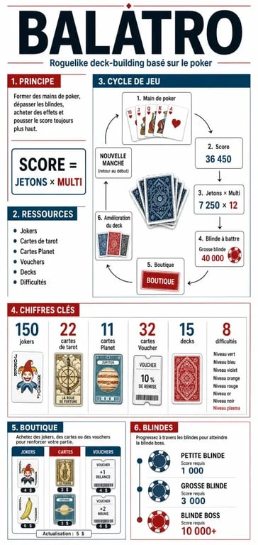 Infographie Balatro jeu vidéo sur les mécaniques clés et les chiffres du roguelike deck-building
