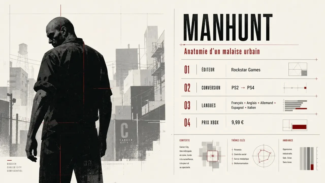Manhunt jeu vidéo : illustration éditoriale sombre de James Earl Cash avec repères sur les versions PS2 et PS4