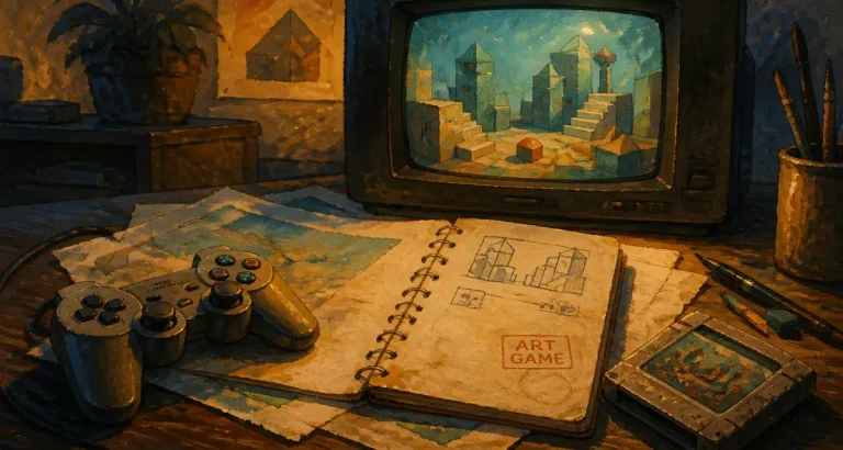 Jeu vidéo artistique : manette et carnet près d’un écran de jeu d’art