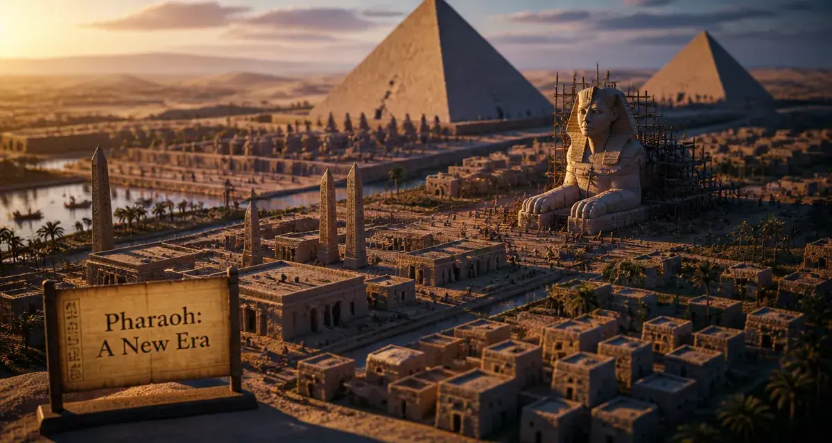 Jeu vidéo pharaon : maquette d’une cité égyptienne, pyramides et sphinx
