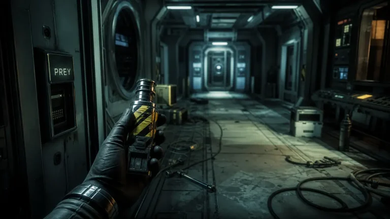 Jeu vidéo Prey : couloir de la station Talos I avec le neuromod