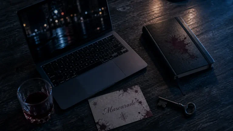 Jeu vidéo vampire RPG narratif gothique Mascarade sur une table nocturne