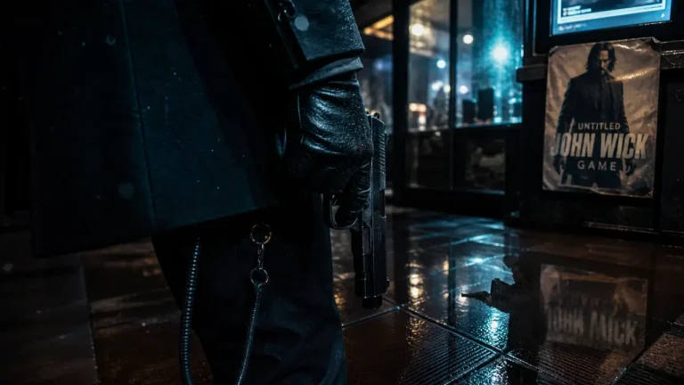 John Wick jeu vidéo : gun-fu en action, pistolet et manteau sombre