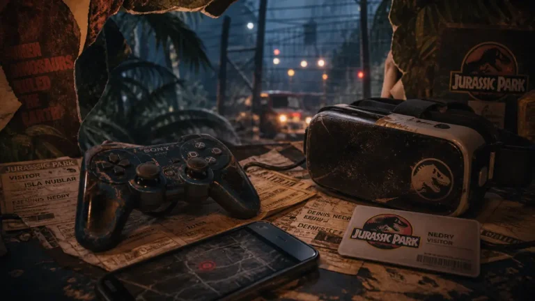 Jurassic Park jeu vidéo : contrôleur et VR sur table sombre