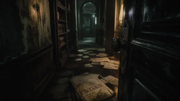 Resident evil jeu vidéo 1996 : couloir du manoir Spencer, porte entrouverte