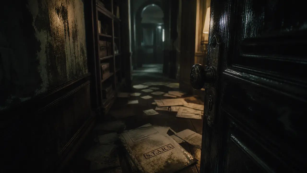 Resident evil jeu vidéo 1996 : couloir du manoir Spencer, porte entrouverte