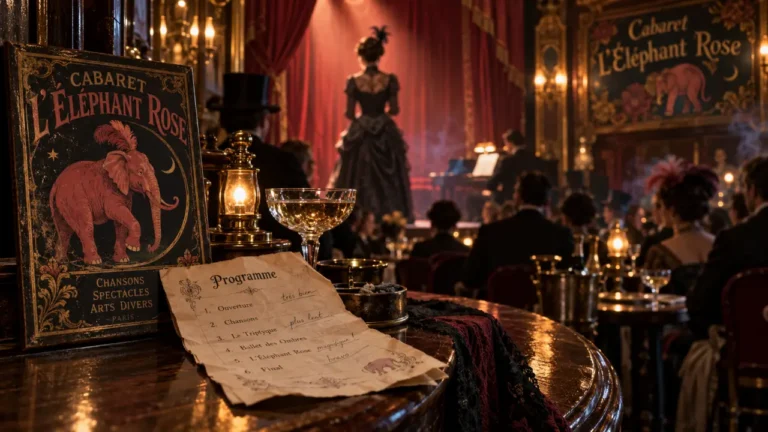 Avis sur montmartre série télévisée : intérieur cabaret parisien fin XIXe, danseuse et rideaux rouges