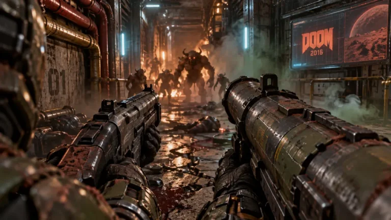 DOOM jeu vidéo 2016 : Marine avance dans un couloir martien